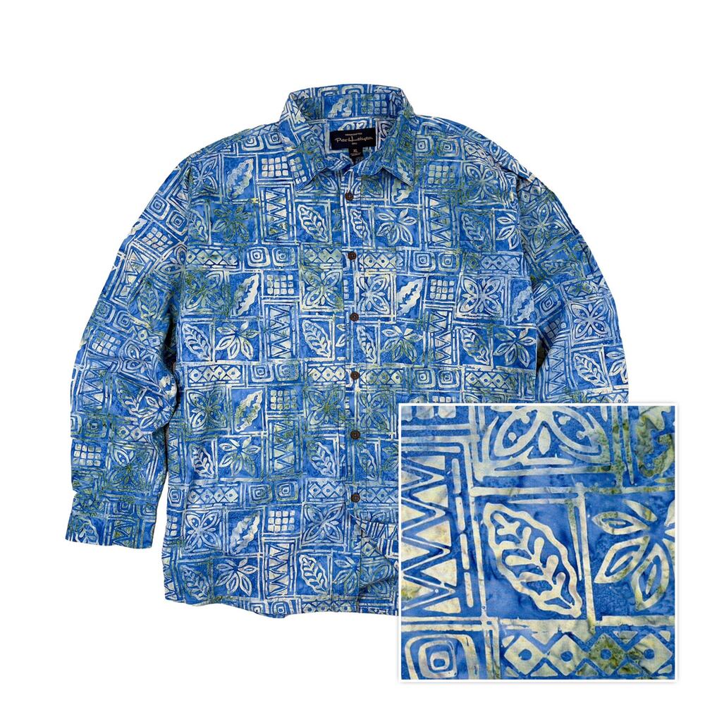 Pete Huntington Bali Batik Shirt Men XL Blue Hawaiian Resort Cotton
